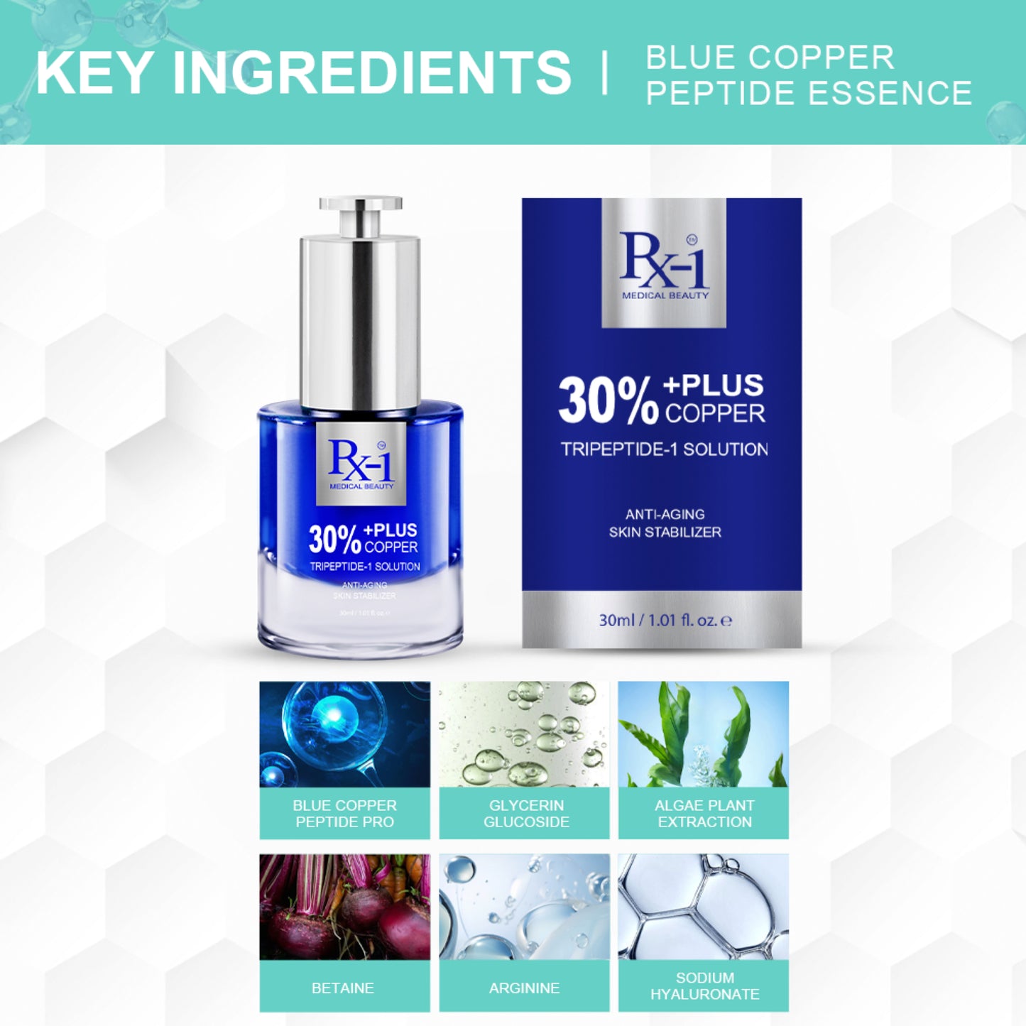 30% +Plus Copper Anti-Aging Skin Stabilzer Anti-aging, antioxidant, anti-wrinkle, soothing, firming, suitable for all skin types (except sensitive skin)