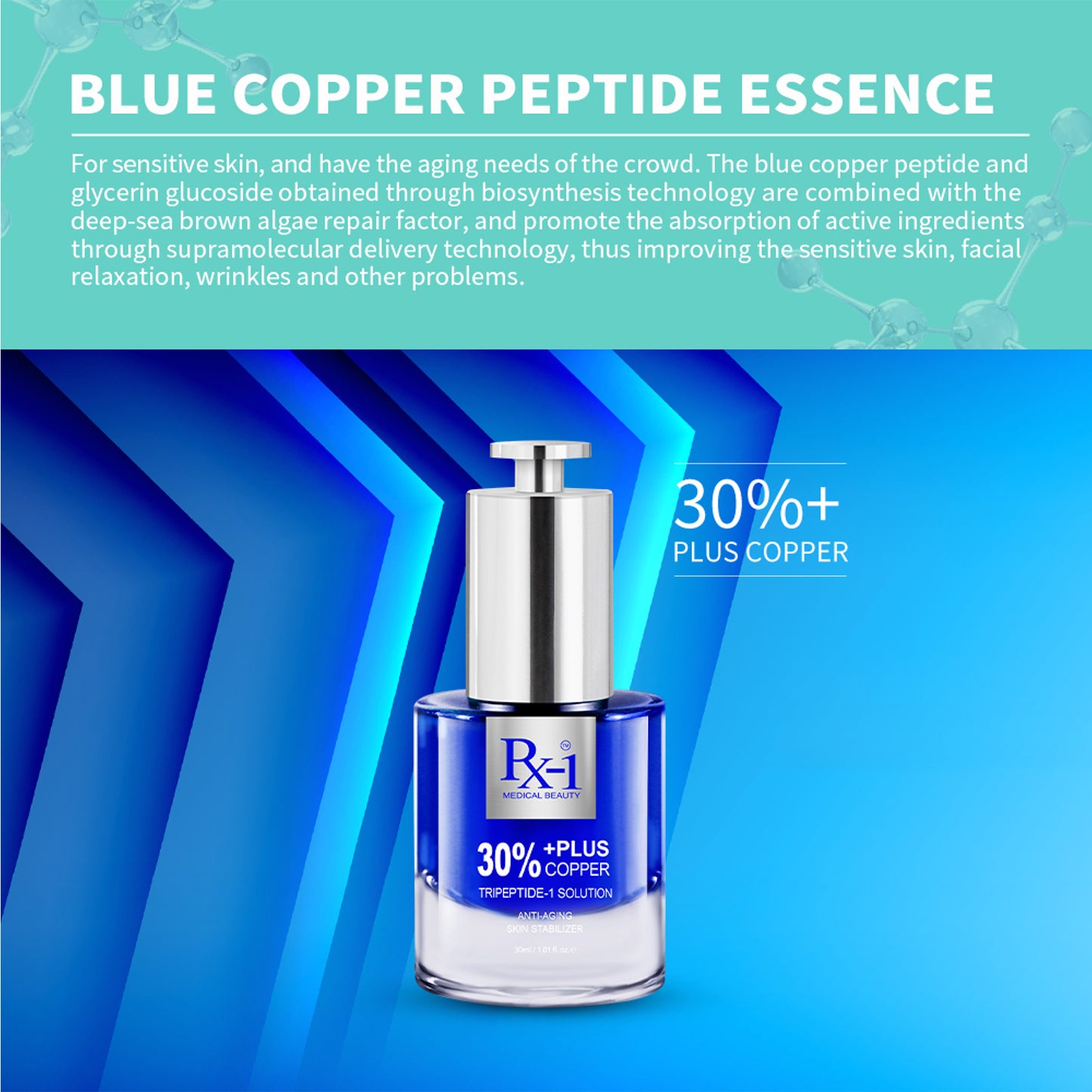 30% +Plus Copper Anti-Aging  Skin Stabilzer Anti-aging, antioxidant, anti-wrinkle, soothing, firming, suitable for all skin types (except sensitive skin)